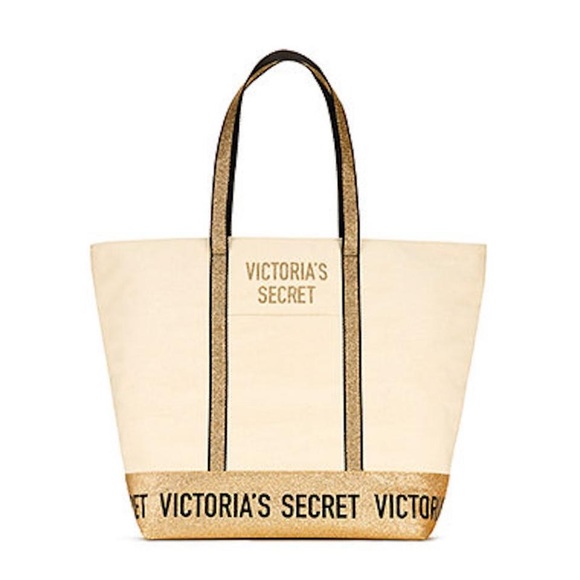 NWT VS Sparkle Zip Top Carryall Beige Canvas Tote - Picture 3 of 6